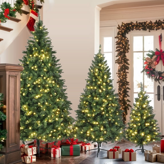 GVN Christmas Tree, Christmas Decorations,8FT, 6FT, 4FT Pre-Lit Green Pine Artificial Christmas Tree, Set of 3 Hinged Xmas Trees with 820 and 2539 Branch Tips