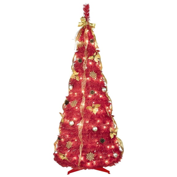 GVN Christmas Tree, Modern Christmas Tree,6FT Red Pop-Up Christmas Tree with 150 Warm White LED Lights