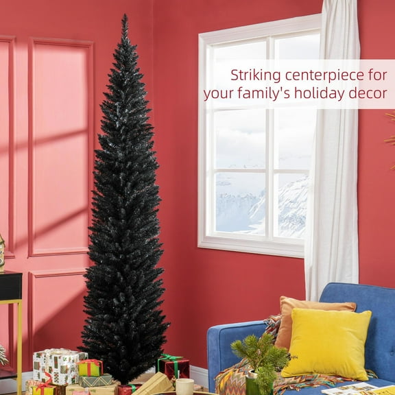 GVN Christmas Tree, Modern Christmas Tree,8ft Unlit Pencil Artificial Christmas Tree with Realistic Branches and 618 Tips, Plastic Base, Black