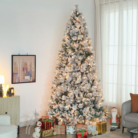 GVN Christmas Tree, Modern Christmas Tree,9 ft Prelit Flocked Artificial Christmas Tree with 750 Clear Lights, 2387 Tips, Metal Stand for Home Office Holiday