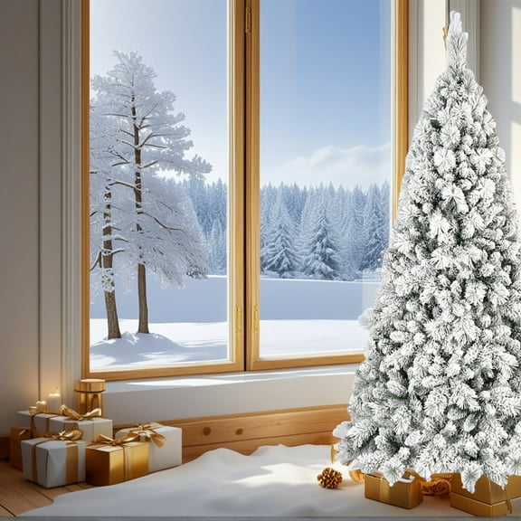 GVN Christmas Tree, Modern Christmas Tree,Artificial 6Ft Flock Christmas Tree with 752Pvc/Hard Needle Mixed Branch Tips