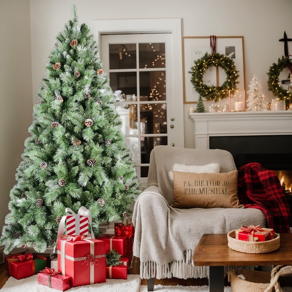 GVN Christmas Tree, Modern Christmas Tree,Artificial 6Ft Green Christmas Tree with 988Pvc/Hard Needle Mixed Branch Tips, 300L Warm White Led
