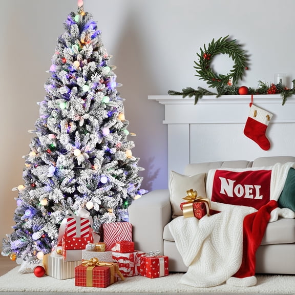 GVN Christmas Tree, Modern Christmas Tree,Artificial 7.5Ft Flock Christmas Tree with 1523Pe/Pvc Mixed Branch Tips, 400L Warm White Lights