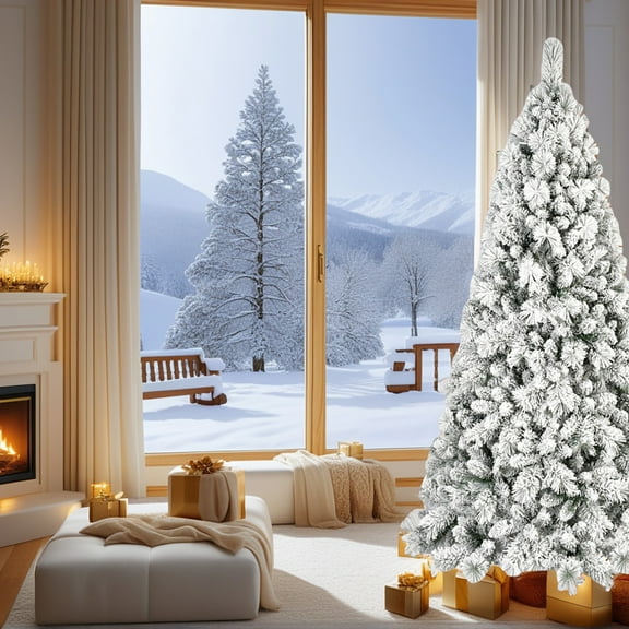 GVN Christmas Tree, Modern Christmas Tree,Artificial 7Ft Flock Led-Lit Christmas Tree with 1060Pvc/Hard Needle Mixed Branch Tips