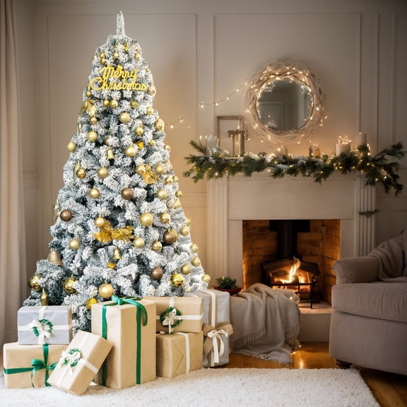 GVN Christmas Tree,Tree Christmas,Xmas Tree,7.5 Feet Snow Flocked Hinged Artificial Christmas Tree without Lights