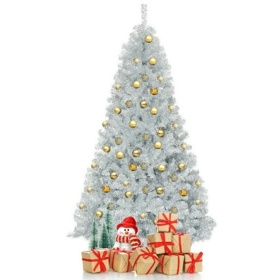 GVN Christmas Tree,Tree Christmas,Xmas Tree,7.5 Ft Hinged Unlit Artificial Silver Tinsel Christmas Tree