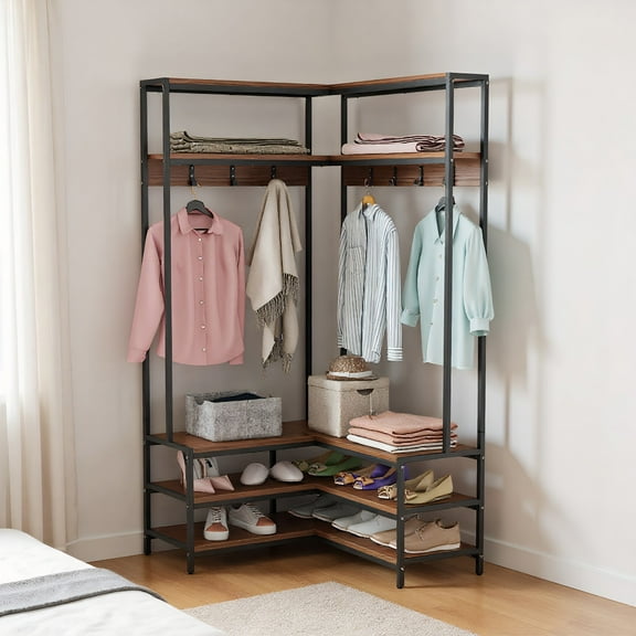 GVN Clothing Storage, Clothes Rack,Corner Garment Rack with Open Shelves and 7 Hooks Shoe Bench-Walnut