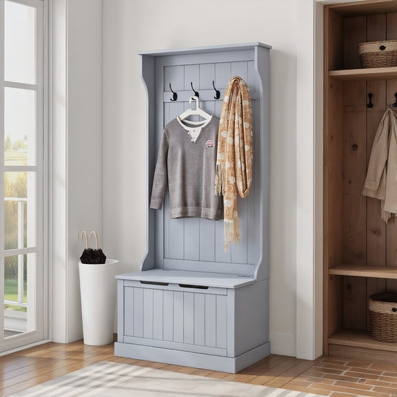GVN Coat Rack Stand,Coat Stand,Entryway Hall Tree with Coat Rack and Sitting Bench, Mudroom Bench with Storage, and Hooks, Gray