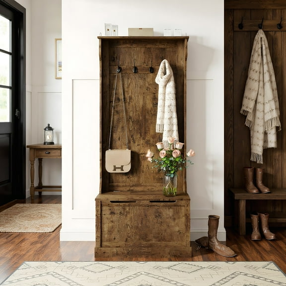 GVN Coat Rack Stand,Coat Stand,Hall Tree with Coat Rack, Storage, and Sitting Bench, White