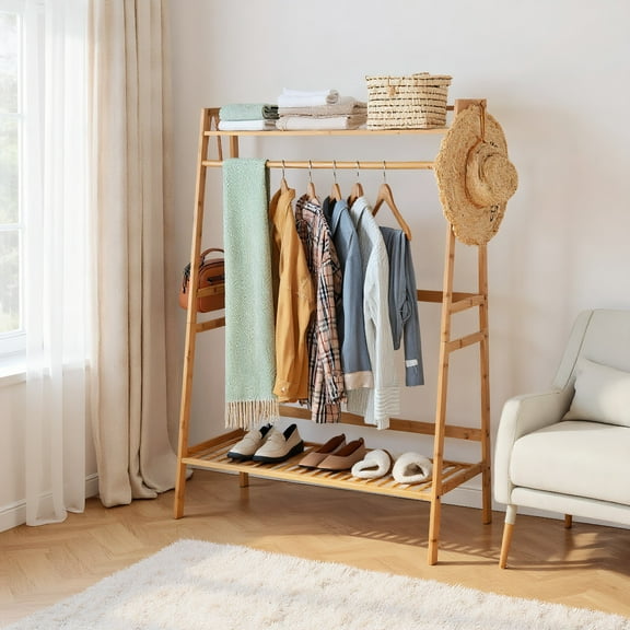 GVN Coat Rack Stand,Hall Coat Tree,Bamboo Clothing Rack with Storage Shelves-Natural