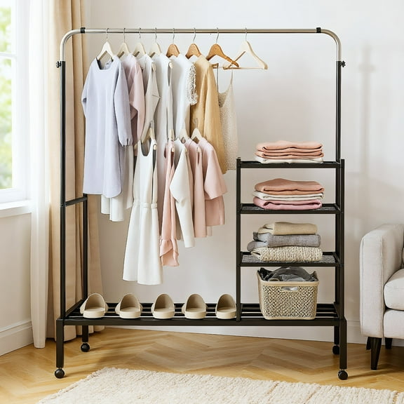 GVN Coat Rack Stand,Hall Coat Tree,Rolling Double Rods Garment Rack with Height Adjustable Hanging Bars-Silver