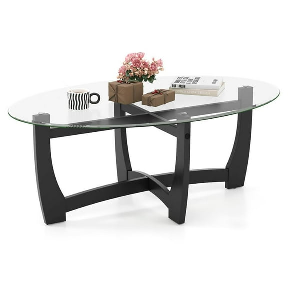 GVN Coffee Table, Dining Table, Center Table,Oval Coffee Table with Tempered Glass Tabletop and Rubber Wood Legs-Black