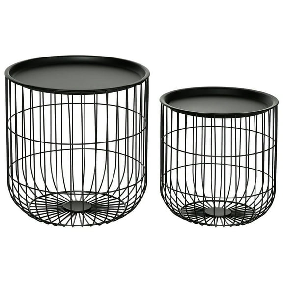 GVN Coffee Table,Side Tables,Coffee Table Set with Steel Wired Basket Body and Removable Top, Black