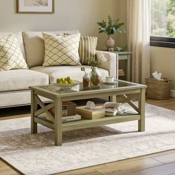 GVN Coffee Table,Side Tables,Coffee Table with Tempered Glass Tabletop and Underneath Storage Shelf, White Oak