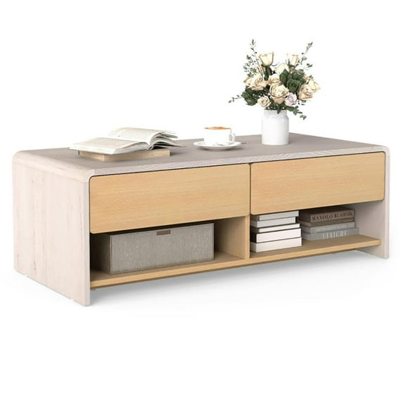 GVN Coffee Table,Side Tables,Home Coffee Table with 2 Drawers and 2 Storage Shelf-White & Natural