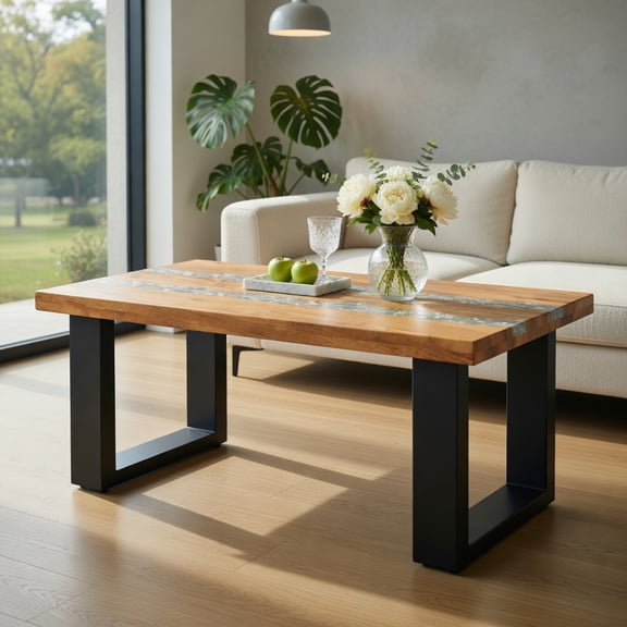 GVN Coffee Table,Side Tables,Teak Wood Patio Table with River Feel Epoxy Tabletop