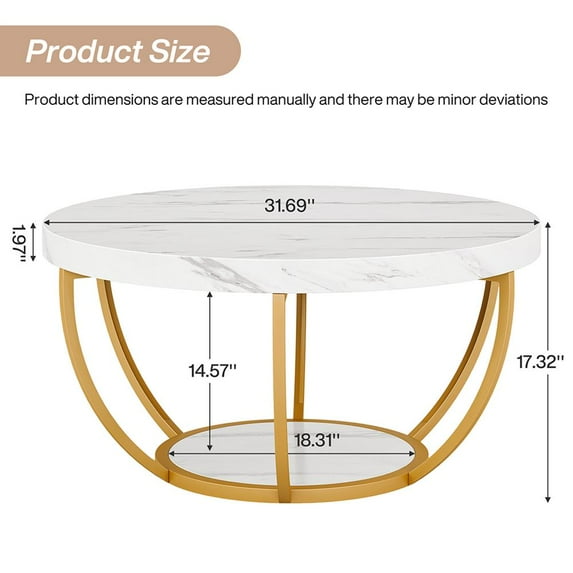 GVN Coffee Table,Side Tables,Wooden Coffee Table, 2-Tier Round Central Cocktail Table with Shelves,Faux White White and Gold
