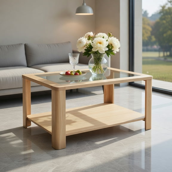 GVN Coffee Tables,2-Tier Coffee Table Rectangular Center Table with Tempered Glass Tabletop and Storage Shelf-Natural