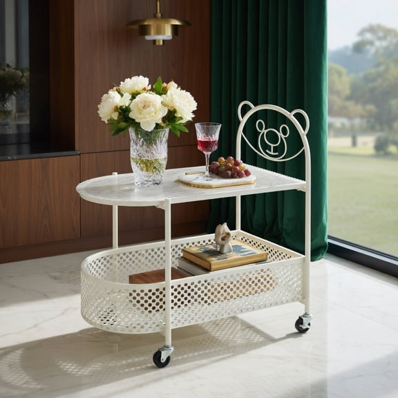 GVN Coffee Tables,2-Tier Mobile Glass Coffee Table with Bear Pattern-White