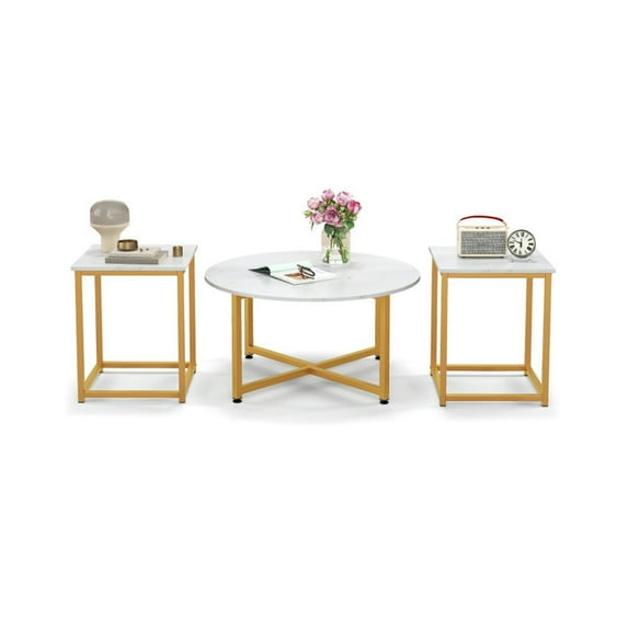 GVN Coffee Tables,3-Piece Coffee Table Set Round Coffee Table and 2PCS Square End Tables-White and Gold