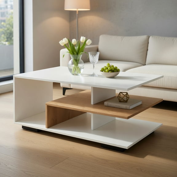 GVN Coffee Tables,Rectangular Coffee Table with L-shaped Middle Shelf-White