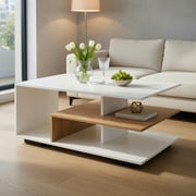 GVN Coffee Tables,Rectangular Coffee Table with L-shaped Middle Shelf-White