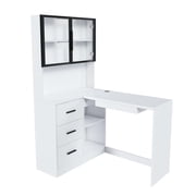 GVN Computer Desk with Glass Cabinets and Built-In LED Lights, L-Shaped Study Writing Table with USB Charging Ports, Keyboard Tray and Ergonomic Design for Home, Corporate Workspaces, White