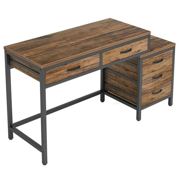 GVN Computer Desk, Study Writing Table,5-Drawer Computer Desk, Study Writing Table with Reversible Drawer Cabinet,Rustic Brown