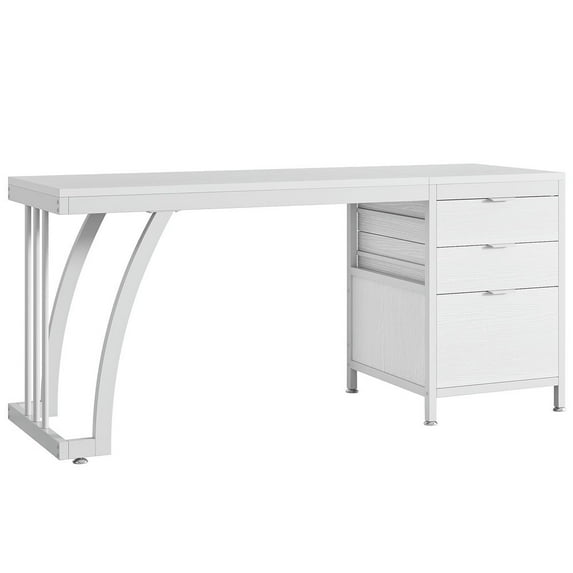 GVN Computer Desk, Study Writing Table,Industrial Computer Desk, 59" Study Desk with Reversible Drawer Cabinet,White