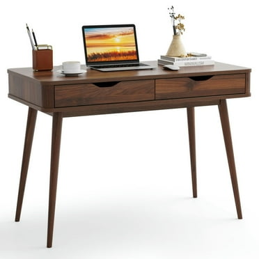 GVN Computer Desks,43.5 Inch Computer Desk with 2 Drawers for Small Spaces-Walnut