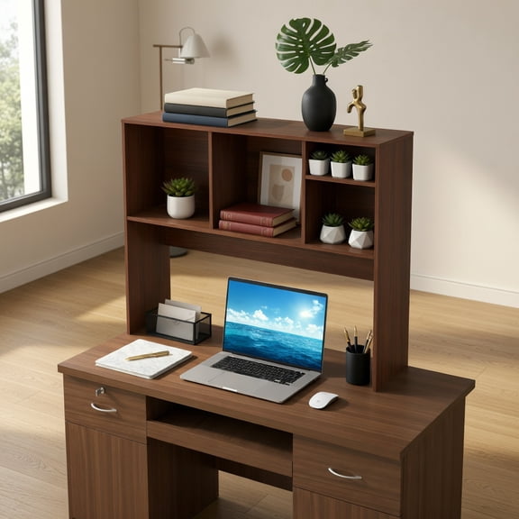 GVN Computer Desktop Bookcase Tabletop Storage Organizer with 4 Cubbies Open Back Compartment for Home Office Study Desk Supplies Organizer Display, Walnut