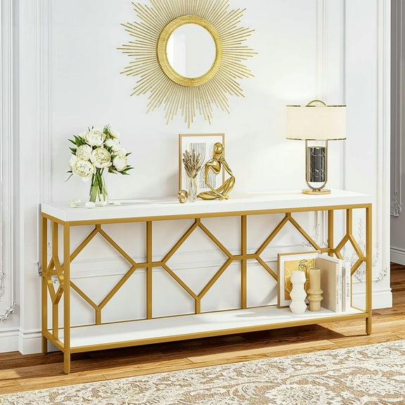 GVN Console Table, Entryway Table, 2-Tier Console Table, 71" Extra Long Sofa Table with Open Storage Shelf,White & Gold