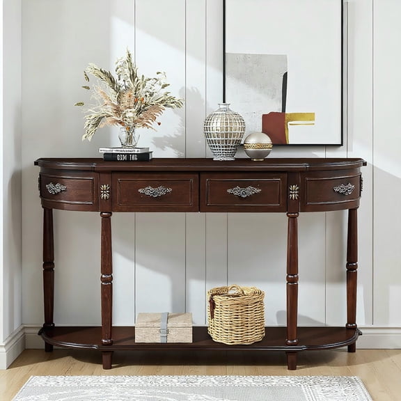 GVN Console Table, Entryway Table, 52" Circular Half Moon Sofa Table with Open Shelf and 2 Drawers, Espresso