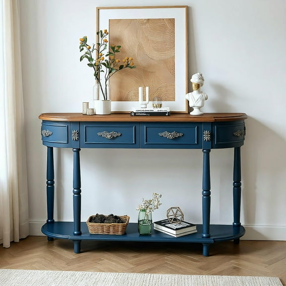 GVN Console Table, Entryway Table, 52" Circular Half Moon Sofa Table with Open Shelf and 2 Drawers, Navy Blue + Brown Top