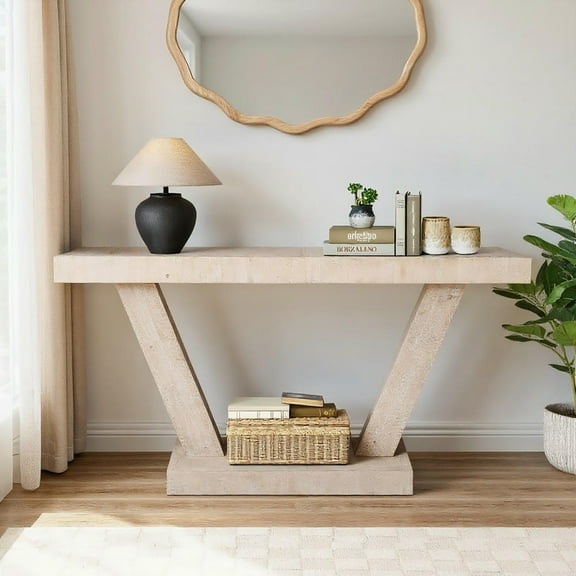 GVN Console Table, Entryway Table, 60" Entryway Bench with 2-Tier Solid Wood Veneer Storage Cabinet, Antique Natural