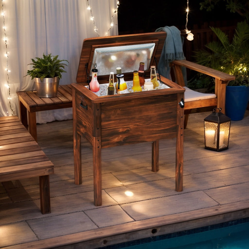 GVN Cooler Box, Outdoor Cooler,Wooden Patio Cooler with 3 Handles and Bottle Opener-Brown