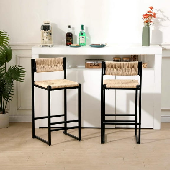 GVN Counter Bar Stools, Barstools,Honey Bar Stools Set of 2 Paper Rope Weave Dining Chairs with Back Hand Weave Stools,Honey