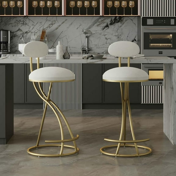GVN Counter Bar Stools, Barstools,Round Armless Velvet Barstools with Back, Set of 2 Counter Chair(Gold & Creamy White)