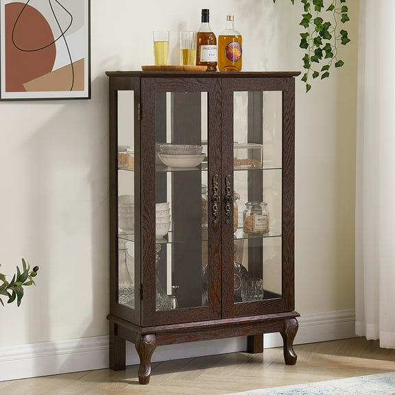 GVN Curio Cabinet Display Bar Cabinet,Display Cage,2 Doors Curio Cabinet with Tempered Glass Doors, Curio Cabinets with Mirrored Back Panel,Cherry