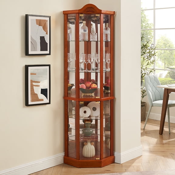 GVN Curio Cabinet Display Bar Cabinet,Display Cage,Glass Cabinet Lighted Corner Cabinet Corner Display Curio Cabinet, Glass Display With Light Bar Cabinet,OAK
