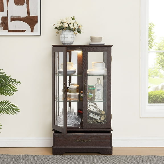 GVN Curio Cabinet Display Bar Cabinet,Display Cage,Glass Cabinet Lighted Glass Cabinet Curio Display Cabinet,Cherry