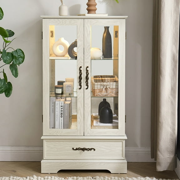 GVN Curio Cabinet Display Bar Cabinet,Display Cage,Glass Cabinet Lighted Glass Cabinet Curio Display Cabinet,White