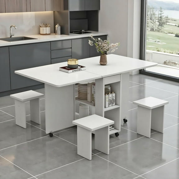 GVN Dining Room Table,Dining Table,Folding Drop Leaf Dining Table Set for 4 with 4 Chairs, Foldable Dining Table with Storage and 6 Wheels, White