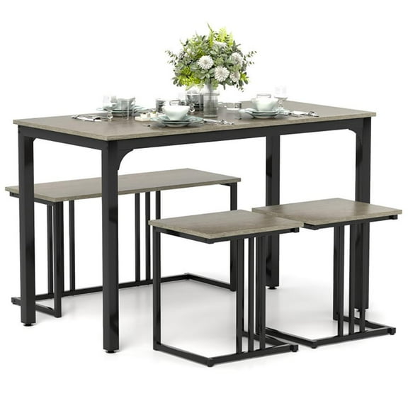 GVN Dining Room Table Set,Dining Table Set,4 Pieces Space-Saving Dining Table Set with Bench and 2 Stools-Oak