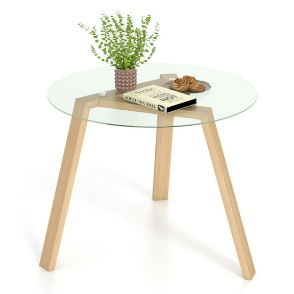 GVN Dining Tables,35.5 Inches Round Glass Dining Table for 4 with Rubber Wood Frame-Natural