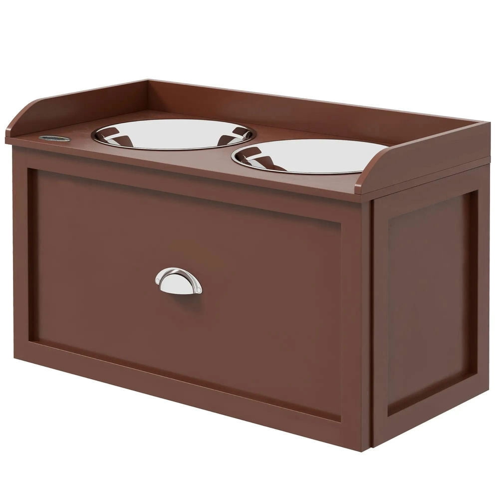 GVN Dog Bowls,Pet Feeder Cat Food Stand,Pet Feeding Station Pet Dish Bowl Set with Storage, 2 Elevated Dog Bowls for Large Sized Dogs, Brown
