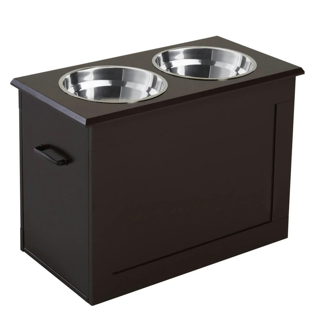 GVN Dog Bowls,Pet Feeder Cat Food Stand,Raised Pet Feeding Storage Station with 2 Stainless Steel Bowls Base, Coffee