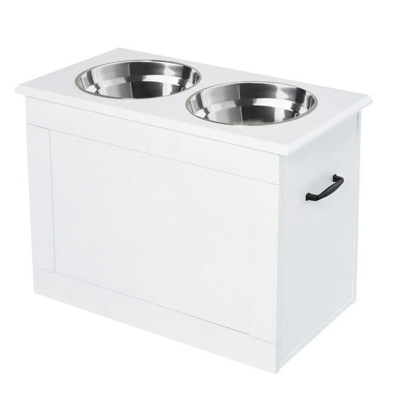 GVN Dog Bowls,Pet Feeder Cat Food Stand,Raised Pet Feeding Storage Station with 2 Stainless Steel Bowls Base, White