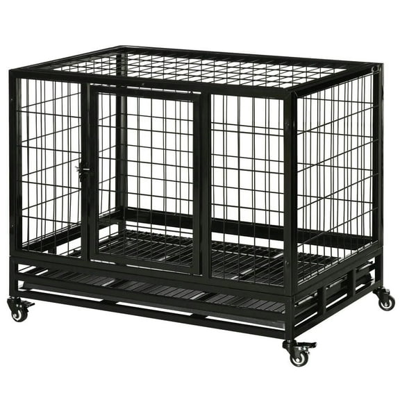 GVN Dog House, Dog Shelter,36" Heavy Duty Dog Crate with Removable Tray, Lockable Wheels and Double Door,Black