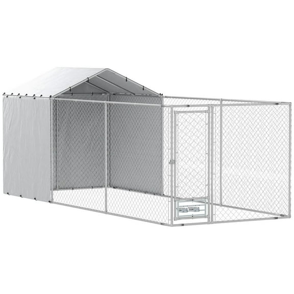 GVN Dog House, Dog Shelter,Galvanized Chain Link Large Outdoor Dog Kennel with Waterproof & UV-Resistant Cover